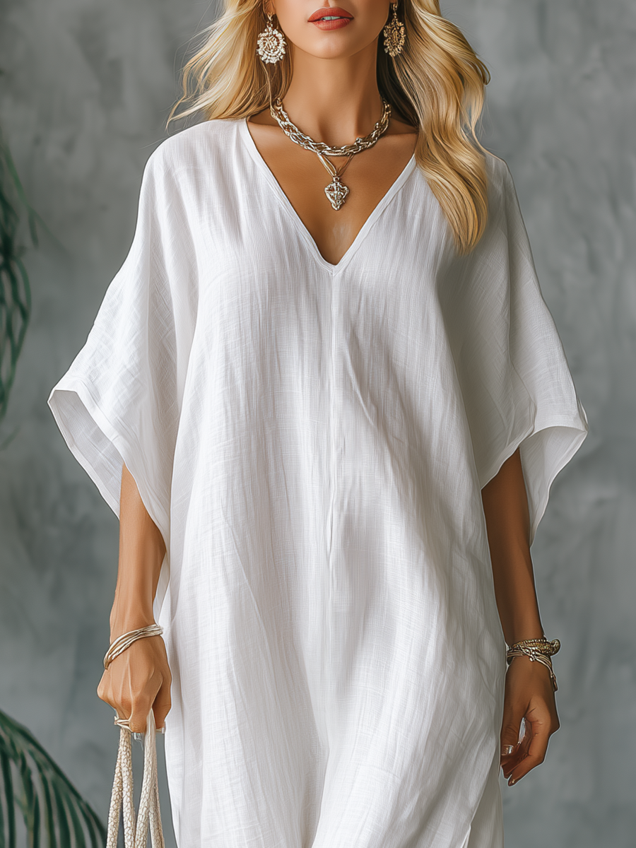 Elegant Vintage V-neck Batwing Sleeve Solid Color Cotton And Linen Maxi Dress