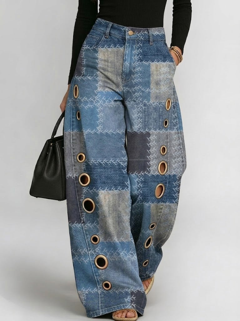 Women's Retro Patchwork Art Print Casual & Stylish Distressed Jeans
