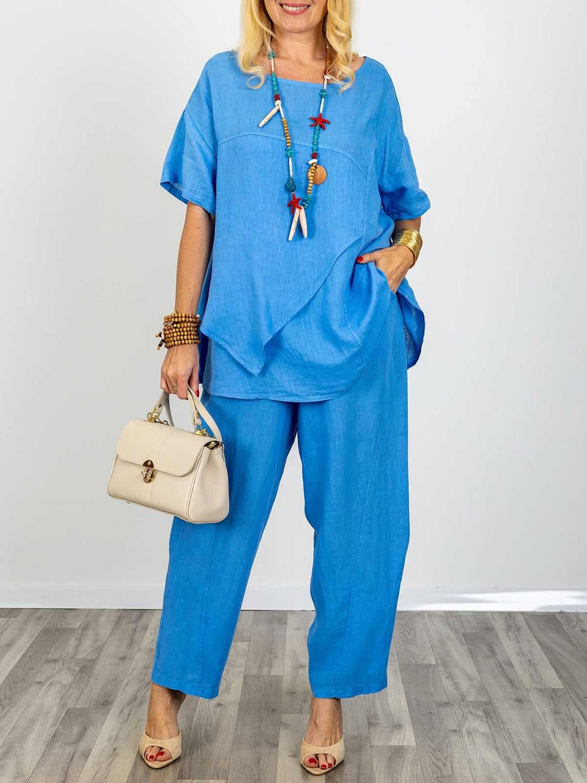 Casual Linen And Cotton Two-piece Top And Pants Set