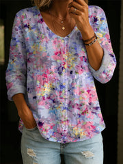 Women's Vintage Floral Art Print Linen-cotton Shirt