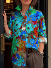 Women's Abstract Print Lapel Long-sleeve Casual Loose Cotton Shirt