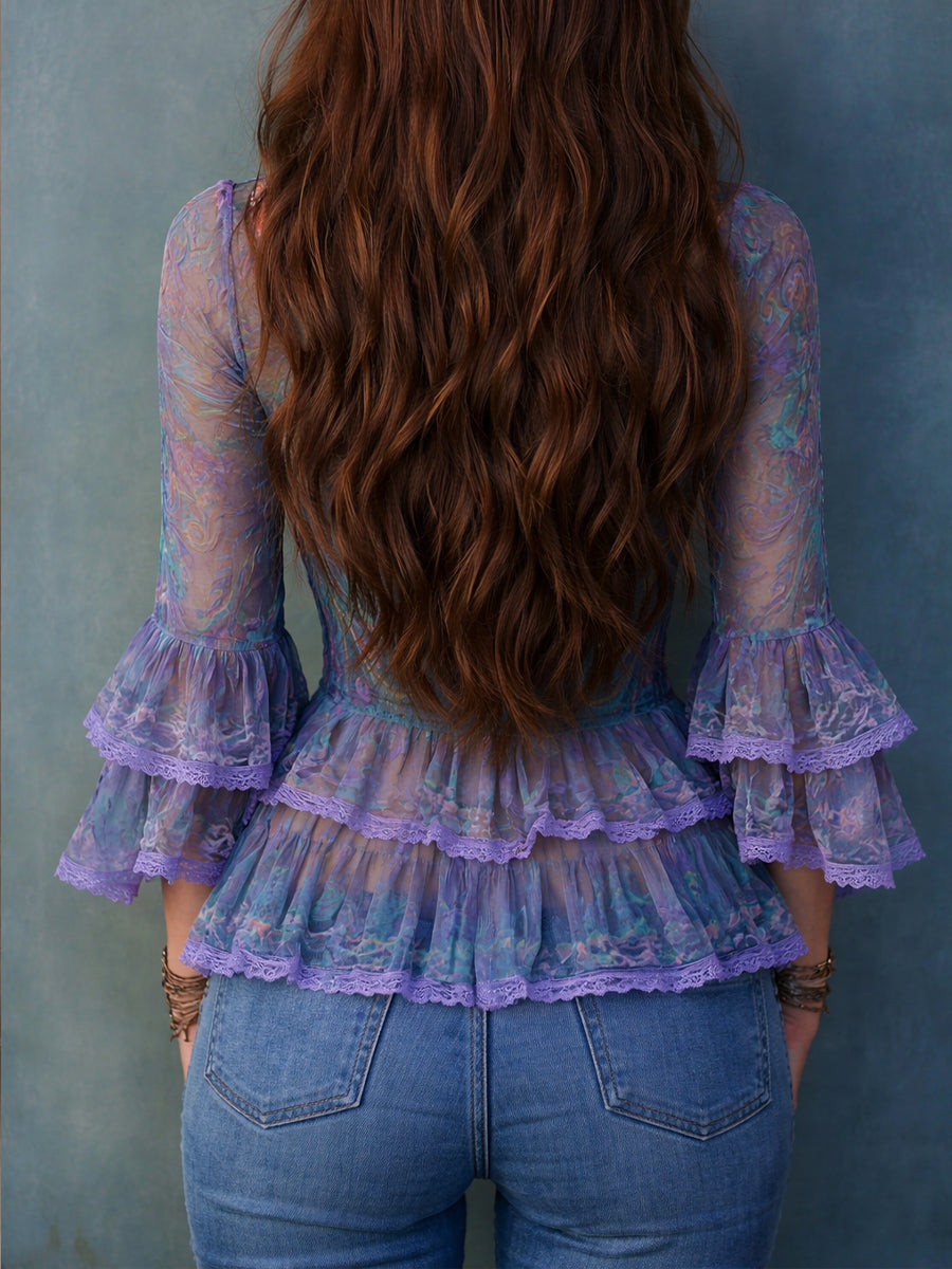 Bohemian Art Print Chiffon Top With Lace Trim