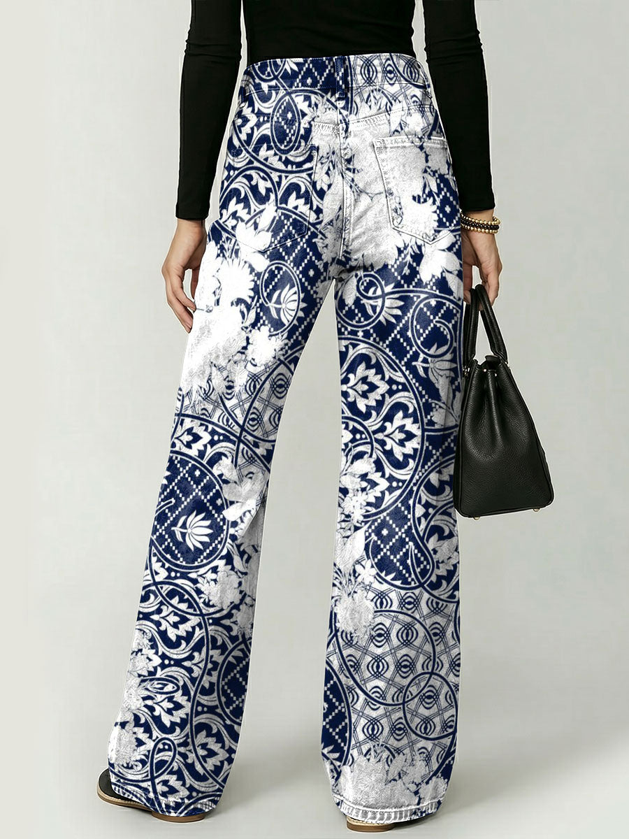 Retro Weathered Totem Decorative Pattern Women's Cotton Denim Pants