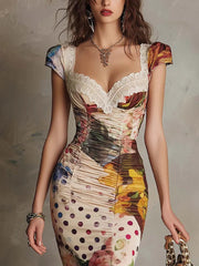Vintage Floral & Polka Dot Lace Trim Ruched Midi Dress