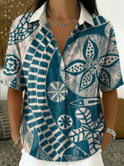 Retro Ethnic-style Short-sleeve Shirt With Geometric Line Print And Turn-down Collar