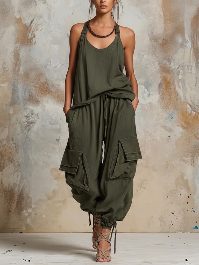Casual & Cozy Linen-cotton Vest And Lantern Pants Two-piece Set
