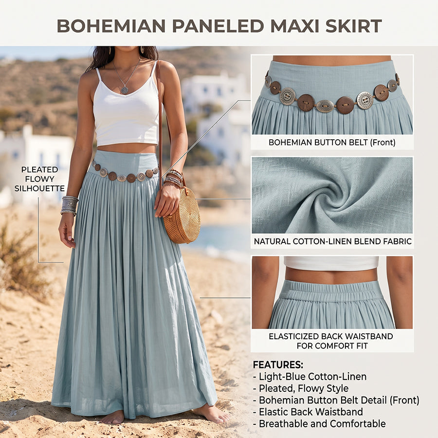 Boho Vacation-style Cotton-linen Maxi Skirt With Belt Detail