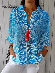 Women's Abstract Upstream Yacht Art Print Casual Linen V-neck Shirt