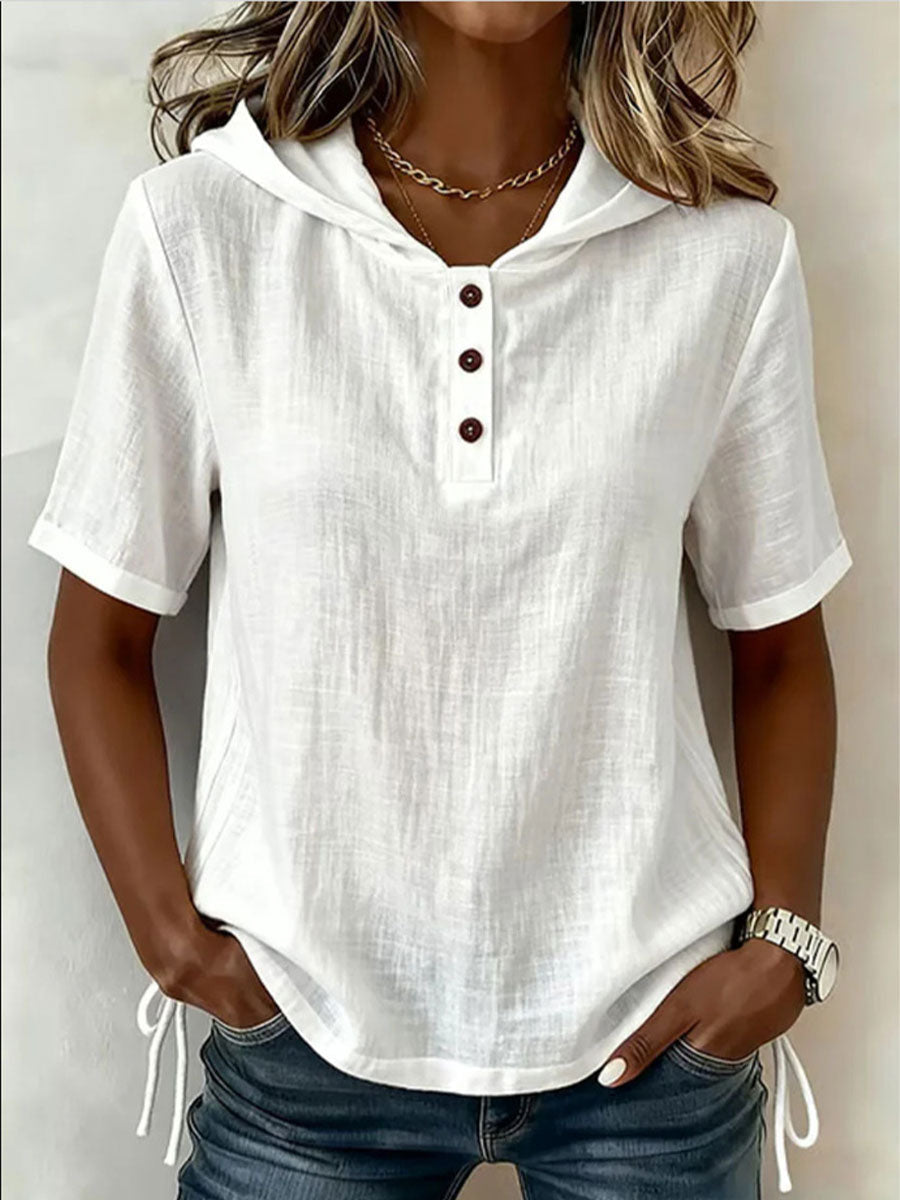 Women's Retro Loose-fit V-neck Hooded T-shirt — Solid Color Casual Short Sleeve