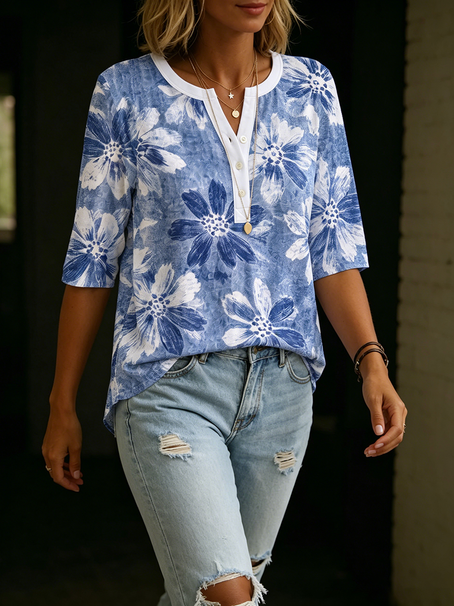 Bohemian Floral Print Henley Cotton T-shirt