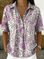 Women's Vintage Botanical Floral Casual Polo Collar Short-sleeved Linen And Cotton Shirt