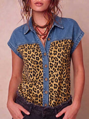 Women's Short-sleeve Casual Top: Loose-fit Denim-paneled Shirt With Leopard Print
