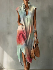 Gradient Decorative Pattern Women's No Sleeve Bud Collar Linen Cotton Dress