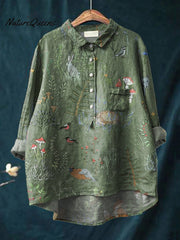 Woodland And Animals Repeat Pattern Printed Women's Casual Cotton And Linen Shirt