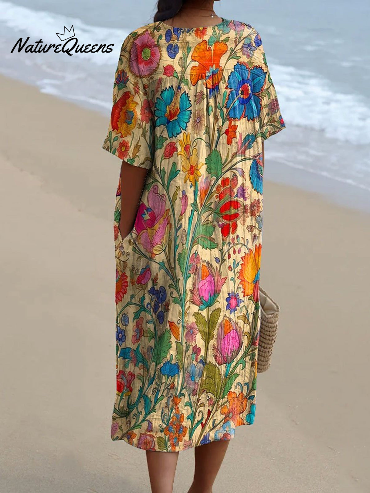 Women's Vintage Indian Folk Floral Art Print Flowy Dress