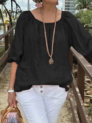 Women's Casual Solid Color Round Neck Pullover Cotton And Linen Shirt