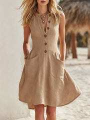 Women's Cotton-linen V-neck Button-front Sleeveless Loose Casual Dress