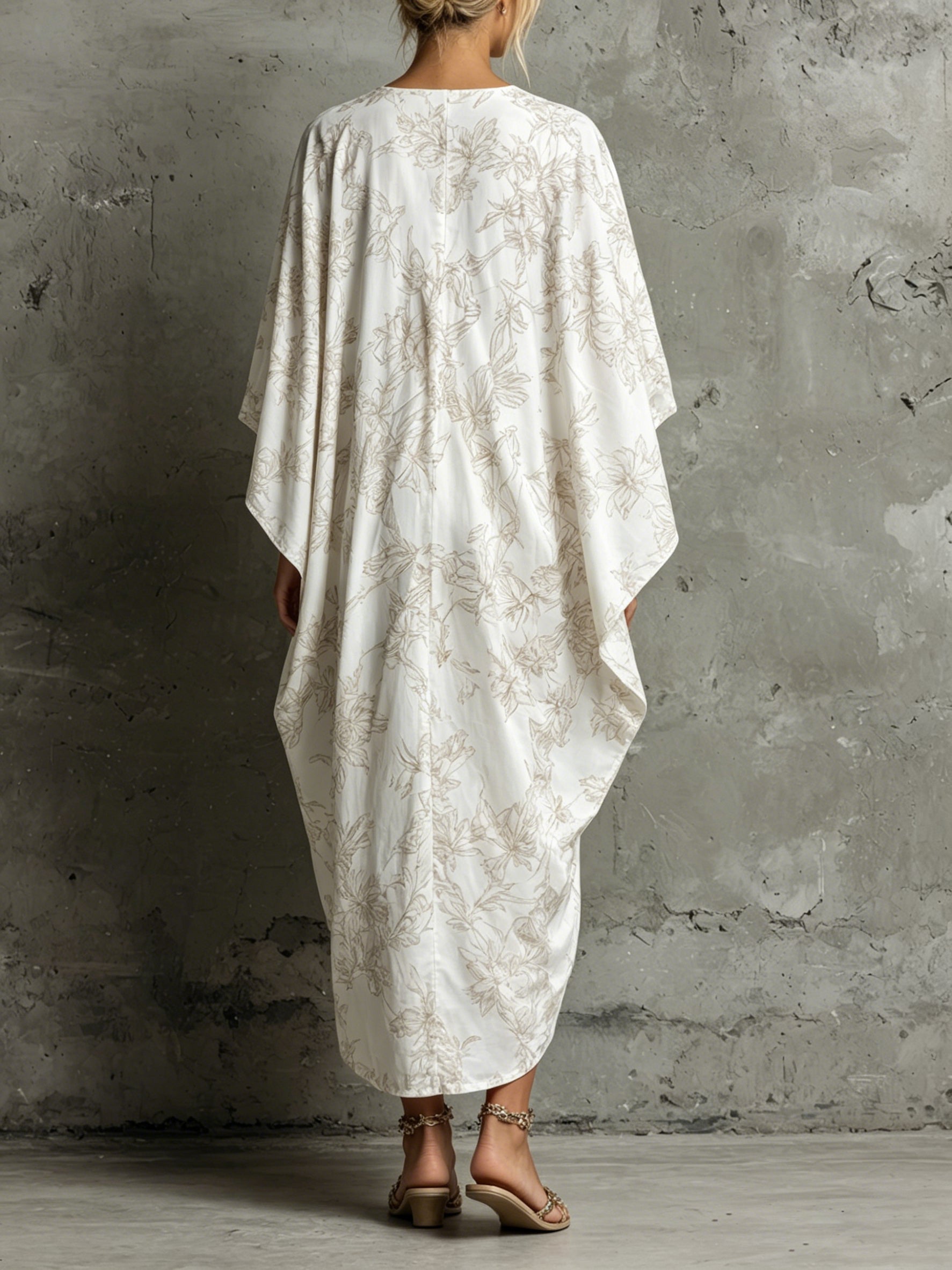 White & Beige Floral Print Kaftan Dress