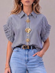 Women's Striped Print Shirt-collar Short-sleeve Casual Loose Cotton Cardigan