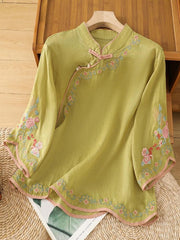 Women's Stand-collar 3/4-sleeve Casual Loose Cotton-linen Embroidered Top