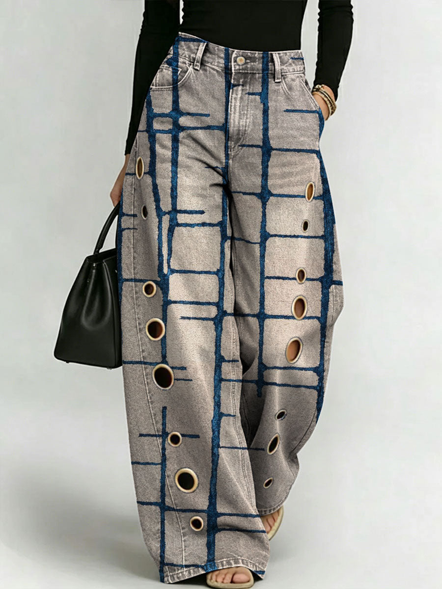Women's Retro Geometry Pattern Printed Stylish Cutout Casual Denim Jeans