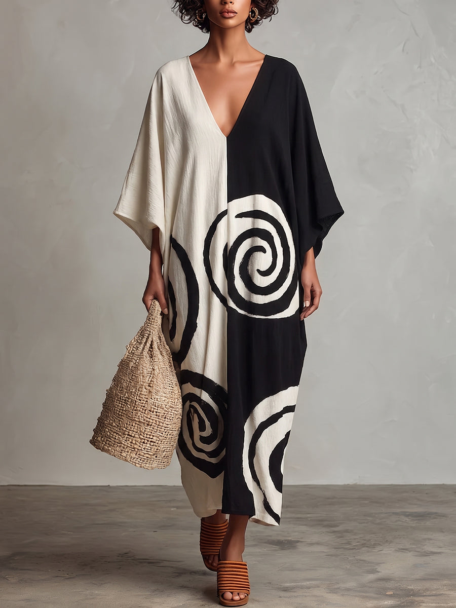 Artistic Black & White Color-block Swirl Cotton-linen Dress