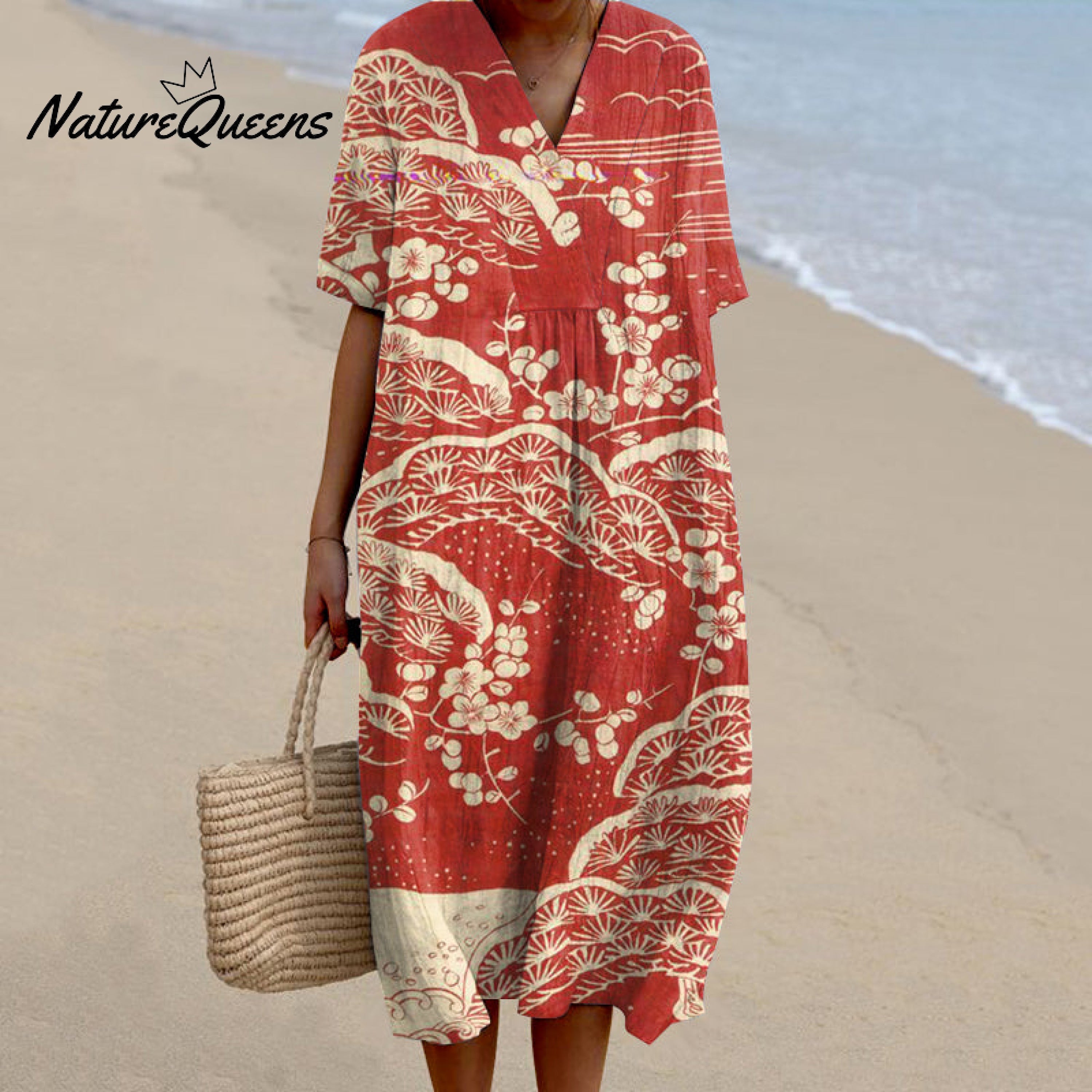 Japanese Art Plum Blossom Printed V Neck Casual Midi Dress