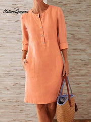 Spring Cotton And Linen Round Neck Long Sleeve Dress